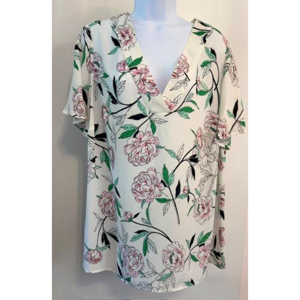 Daniel Rainn Pink Peony Floral V-Neck Flutter Sleeve Blouse Size L